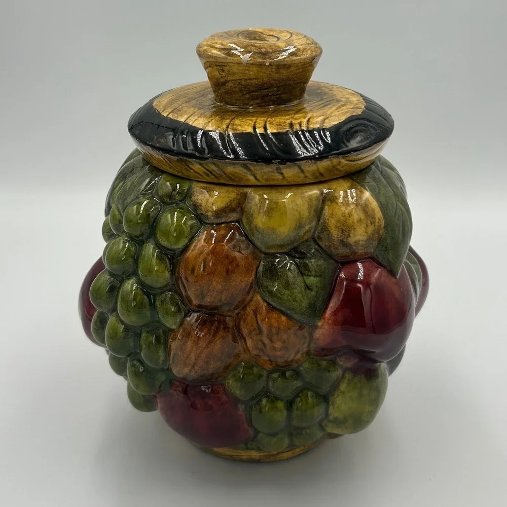 Vintage Style Fruit Harvest Ceramic Canister Hand Painted Grapes Apple Walnut 8